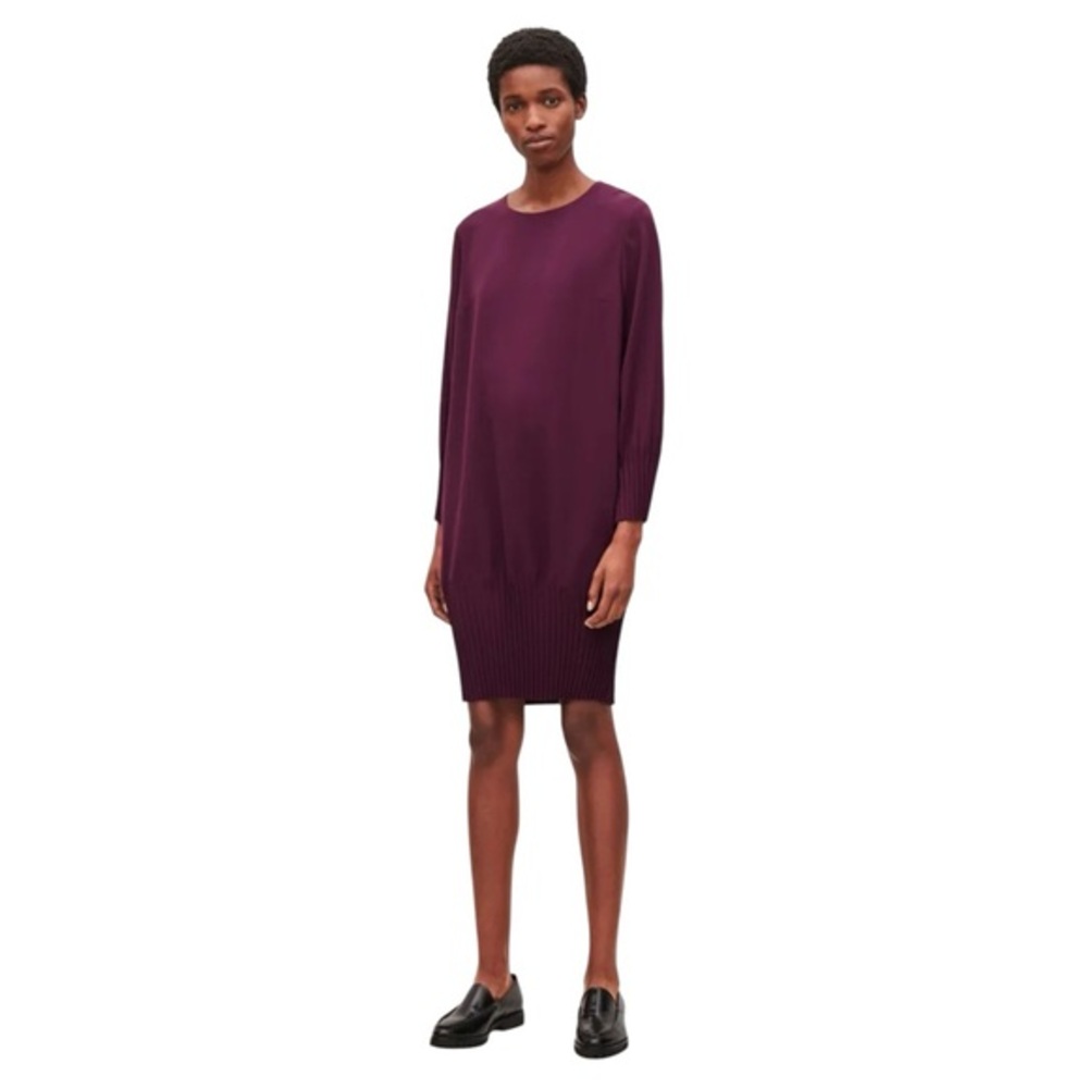 COS‎ 6 pleated hems dress shift knee length minimalist solid plum purple